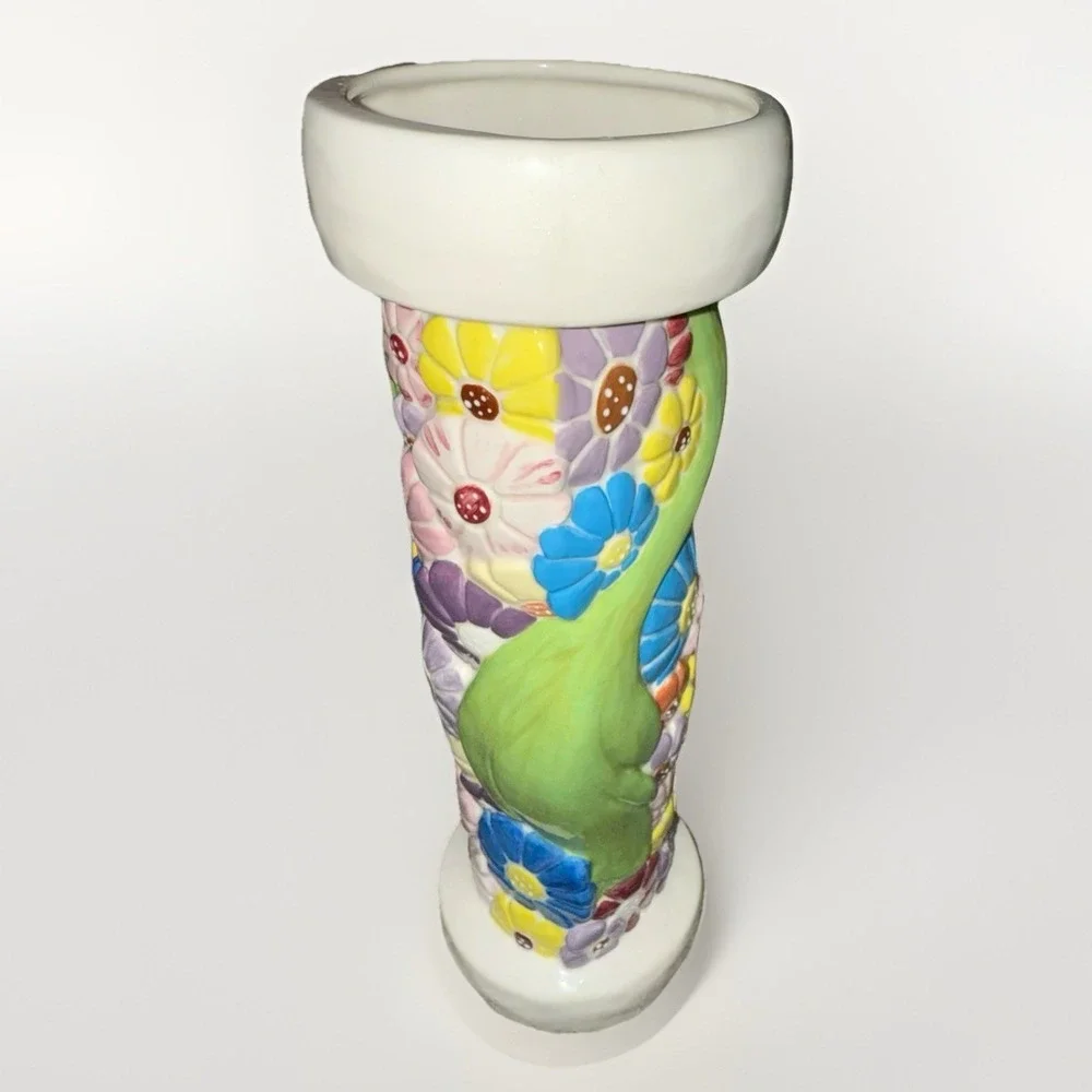 Vintage Style Hand Painted Floral Relief Ceramic Twisted Vase Multicolor 10in